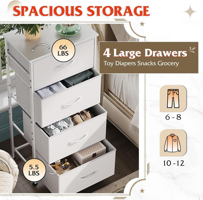 Dresser with 4 Drawers, Storage Tower, Organizer Unit, Fabric Dresser for Bedroom, Hallway, Entryway, Closets, Sturdy Steel Frame, Wood Top, Easy Pull Handle, White