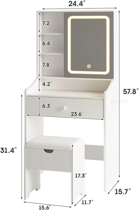 24.4" Small Makeup Vanity Desk with Mirror and Lights,Adjustable 3 Lighting Modes,White Compact Vanity Set with Charger Station and Storage Stool