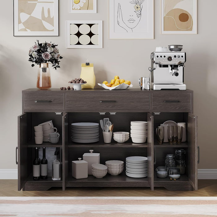 55 in Large Buffet Sideboard Cabinet with Storage 4 Doors and 3 Drawers Kitchen Storage Cabinet Coffee Bar Buffet Table for Dining Room, Living Room, Adjustable Shelf