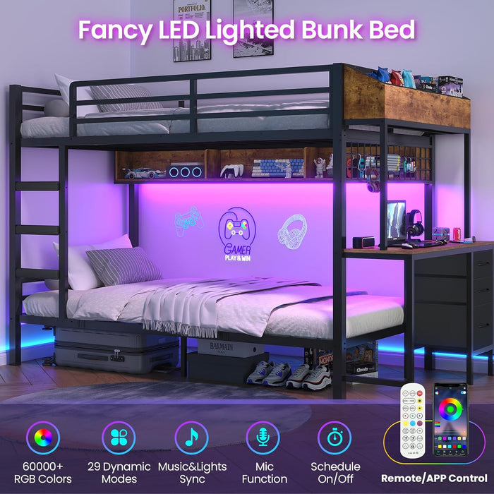 Bunk Bed Twin over Twin with Charging Station and LED Lights, Heavy Duty Metal Bunk Bed with Desk and 3 Storage Drawers, Utility Storage Shelf and Boxes, No Box Spring Needed, Black