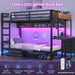 Bunk Bed Twin over Twin with Charging Station and LED Lights, Heavy Duty Metal Bunk Bed with Desk and 3 Storage Drawers, Utility Storage Shelf and Boxes, No Box Spring Needed, Black