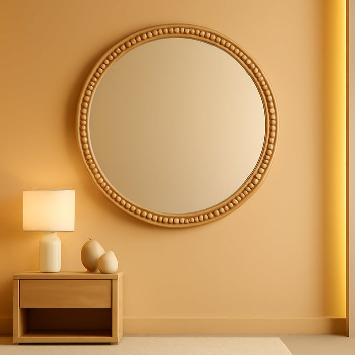 30 Inch round Wall Mirror with Beaded Solid Wood Frame, Decorative Wall Mirror with Tempered Glass, Farmhouse Home Decor for Bathroom, Living Room, Entryway, Natural Wood