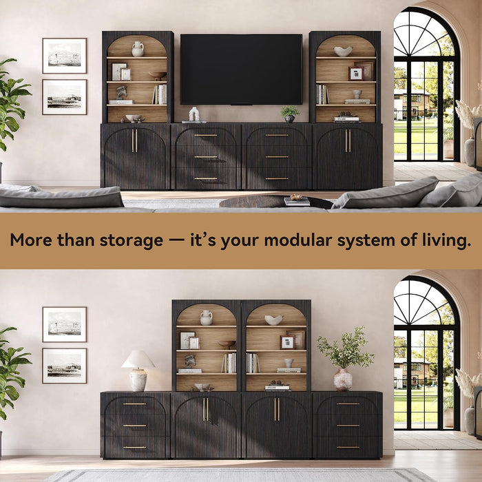 72" Tall Arched Storage Cabinet with Hutch, Bookcase with Open Shelves