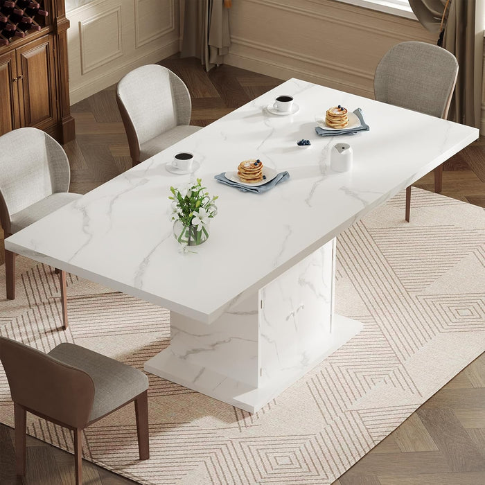 Extendable Dining Table for 4-6, 47-63 Inch Faux Marble Rectangle Kitchen Table with Storage Shelves and Wine Rack, Expandable Modern Rectangular Dinner Table for Kitchen, Dining Room, White