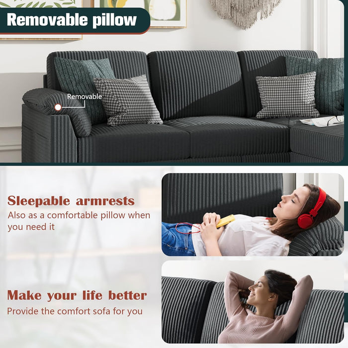 79 Inch Corduroy Upholstered Sectional Sofa Charcoal