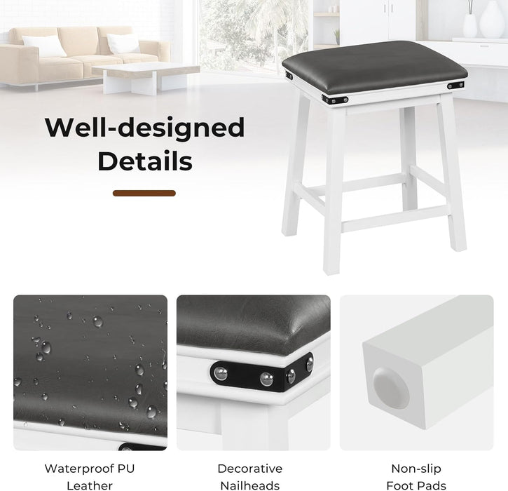 24" Counter Height Bar Stools Set of 2, Faux PU Leather Farmhouse Wood Barstools with Padded Seat, Solid Wood Frame, Max Load 330 Lbs, Saddle Stools for Kitchen Island Pub, White