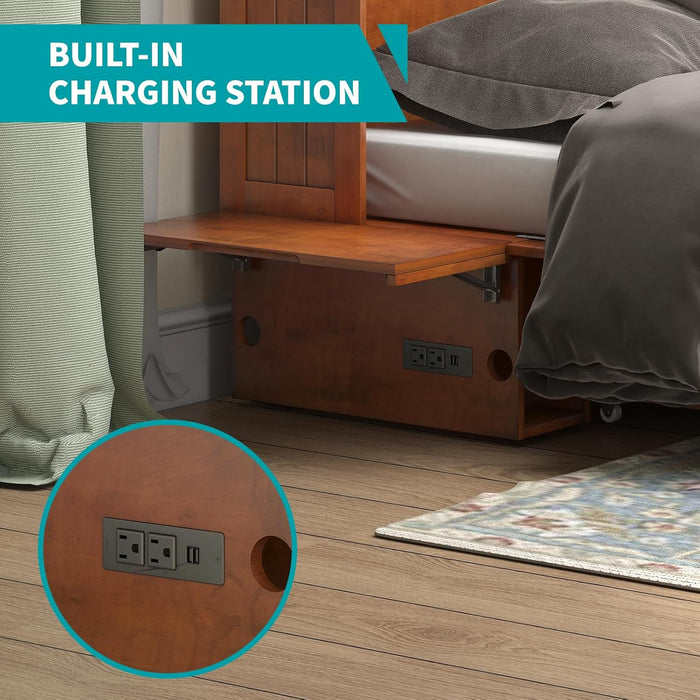 Murphy Bed Queen, Cabinet Bed with Tri-Folding Mattress and 2 Storage Drawers, Solid Wood Modern Foldable Hideaway Murphy Cube Beds with USB Charging Station for Living Room Guestroom, Cherry