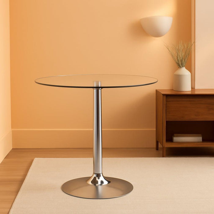 Hills 31.5'' round Glass Dining Table with 29''H Chrome Base, Decorative Narrow round Tempered Glass Cocktail Table, Clear/Silver