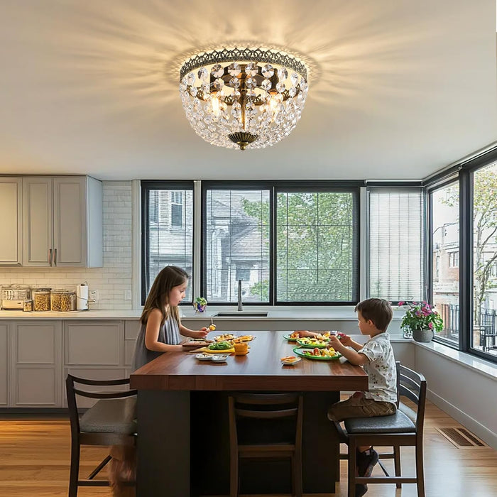 3 Lights French Empire K9 Crystal Flush Mount Chandelier Lighting Antique Ceiling Light Fixture for Dining Room Entrance Hallway Bedroom Kitchen Bathroom Bar, E12 Bulbs W12 .6 Inch X H8.27Inch