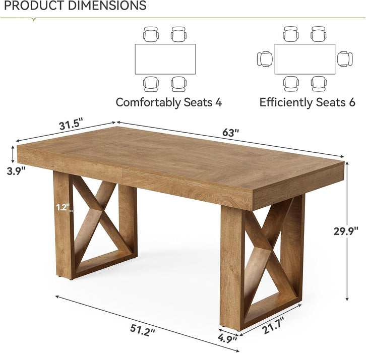 63-Inch Dining Table for 4 People, Farmhouse Thick Appearance Design, Rustic Rectangle Kitchen Dinner Table for Dining Room, Living Room, Yellowish Brown