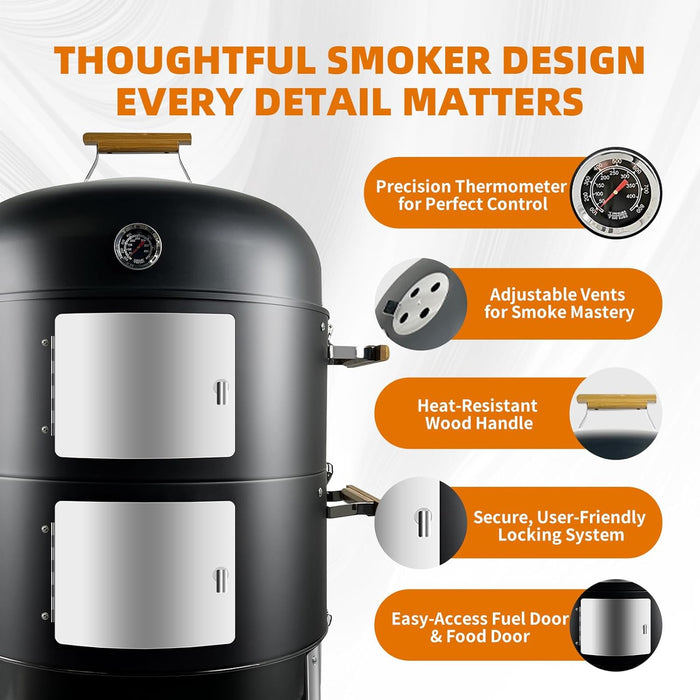 Vertical Charcoal Smoker Grills: Premium 20.5 Inch BBQ Meat Smokers - Barbecue Charcoal Grill Smoker Combo for Outdoor Cooking Patio Backyard Picnic Party Grilling