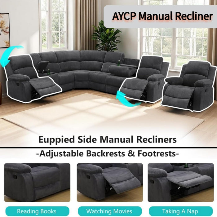 Manual Reclining Sofa Set with Drop-Down Table, Corduroy Sofa Sets, Living Room Furniture Sets, Modern Manual Recliner Sofa Sets with Storage Console for Living Room (Dark Grey, Sectional+Chair)