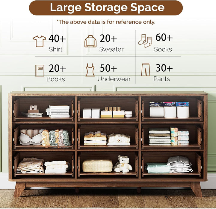 Fluted Dressers Chest of Drawers,57" Fluted Wide Modern Dresser with Metal Handle, Curved Profile Design, Wood Drawer Organizer for Bedroom, Walnut