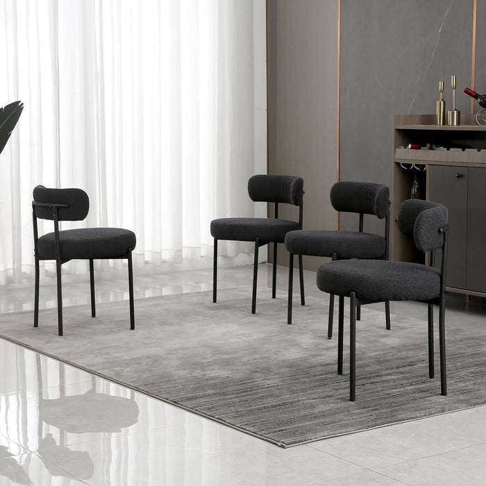 Black Dining Chairs Set of 4 round Upholstered Boucle Dining Room Chairs Mid-Century Modern Kitchen Chairs with Curved Backrest and Black Metal Legs