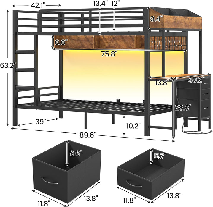 Bunk Bed Twin over Twin with Charging Station and LED Lights, Heavy Duty Metal Bunk Bed with Desk and 3 Storage Drawers, Utility Storage Shelf and Boxes, No Box Spring Needed, Black