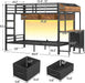 Bunk Bed Twin over Twin with Charging Station and LED Lights, Heavy Duty Metal Bunk Bed with Desk and 3 Storage Drawers, Utility Storage Shelf and Boxes, No Box Spring Needed, Black