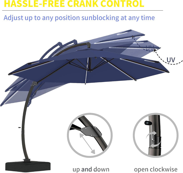 11Ft Offset Cantilever Patio Umbrella with Solar Lights, Large round Outdoor Umbrella with Base Included, Aluminum Frame, 360° Rotation & Infinite Tilt for Deck Pool Backyard, Navy Blue