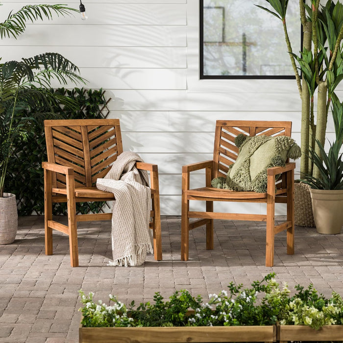 2 Piece Outdoor Patio Chevron Wood Chair Set All Weather Backyard Conversation Garden Poolside Balcony, Set of 2, Brown