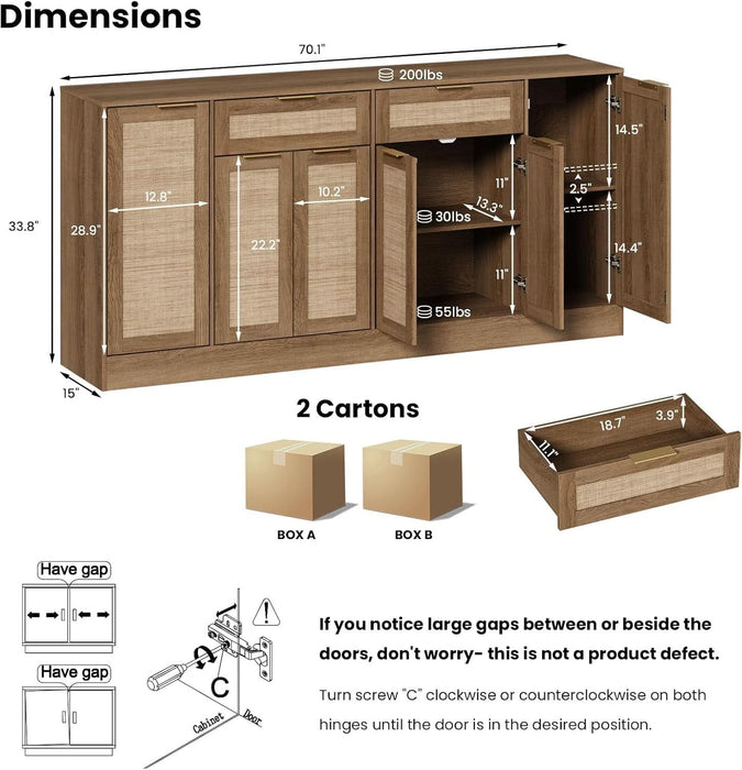 70.1"W Rattan Sideboard Buffet Cabinet, Large Storage Cabinets