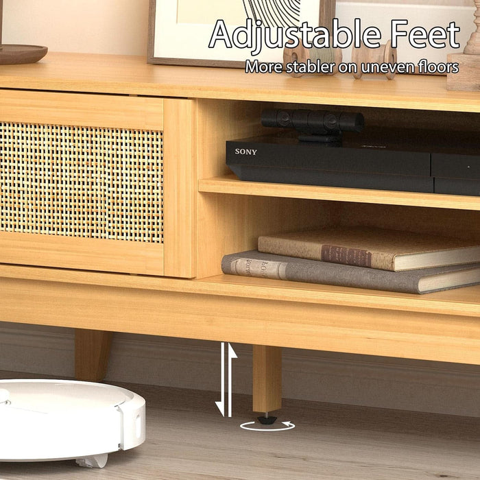 Boho TV Stand for 55 65 Inch TV, Rattan Entertainment Center with Shelves, Cabinets and Sliding Doors, TV Media Console Table with Solid Wood Feet & Cord Holes for Living Room, Bedroom, Natural