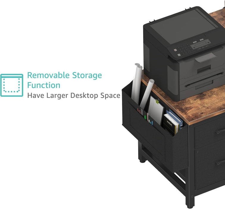 Computer Desk with Fabric File Drawers Cabinet, 57 Inch Home Office Desks with Filing Cabinet Printer Stand for Small Space, Study Writing Table PC Gaming Desks for Bedroom, Brown Black