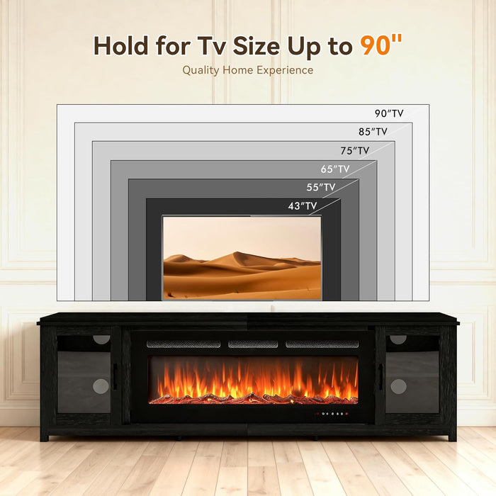 80" Fireplace TV Stand With, Modern 50" Smart Fireplace Fire Place Entertainment Center, Adjustable TV Console with 12-Color LED Lights, for Living Room, Black
