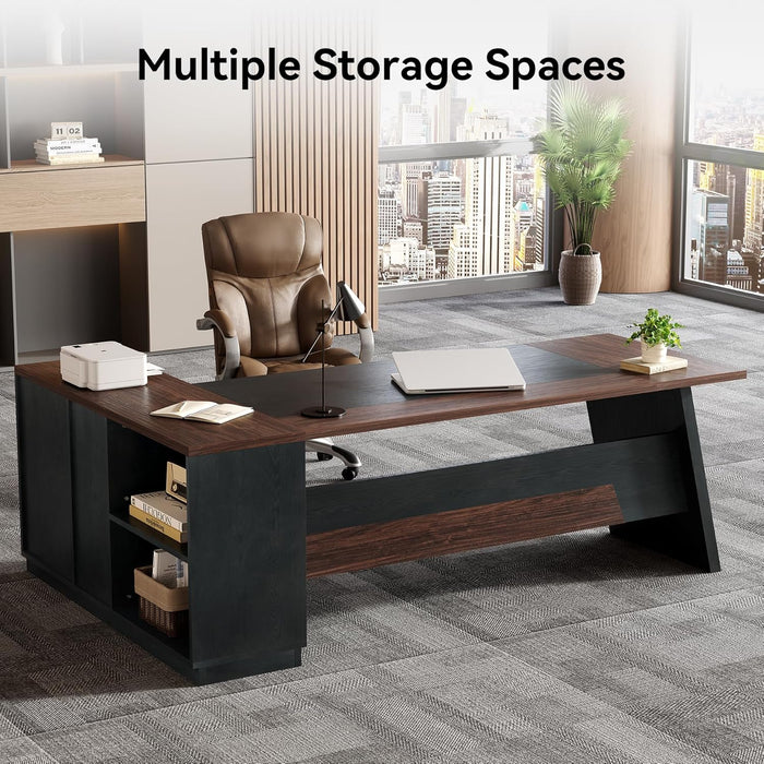 78-Inch Executive Office Desk with File Cabinet, Large Modern Corner Office Desk for Home Office, 3-Drawer Wood File Cabinet, Spacious Workstation for Home Office (Brown & Black)