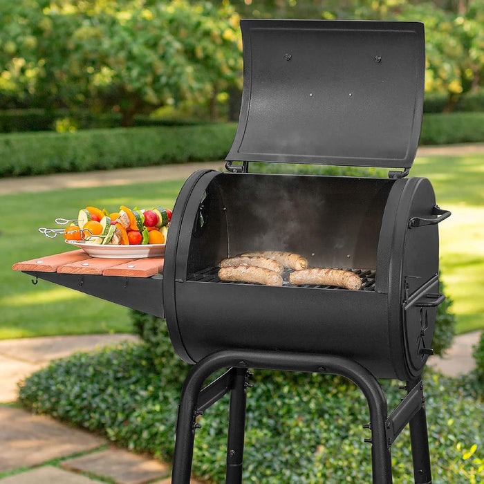 ® Patio Pro Charcoal Grill and Smoker with Cast Iron Grates, Premium Wood Shelf and Damper Control, 250 Cooking Square Inches in Black, Model E1515