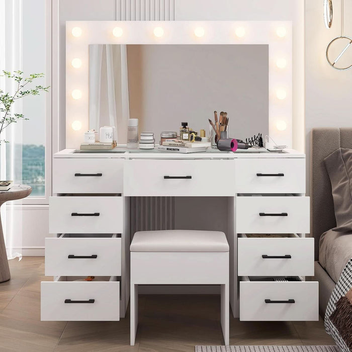 Vanity Desk with Large Lighted Mirror & Powre Outlet, Glass Tabletop Makeup Vanity Set with 9 Drawers, 45.3" Vanity Table with 3 Color Lighting Modes, Dressing Table for Women Girls, White