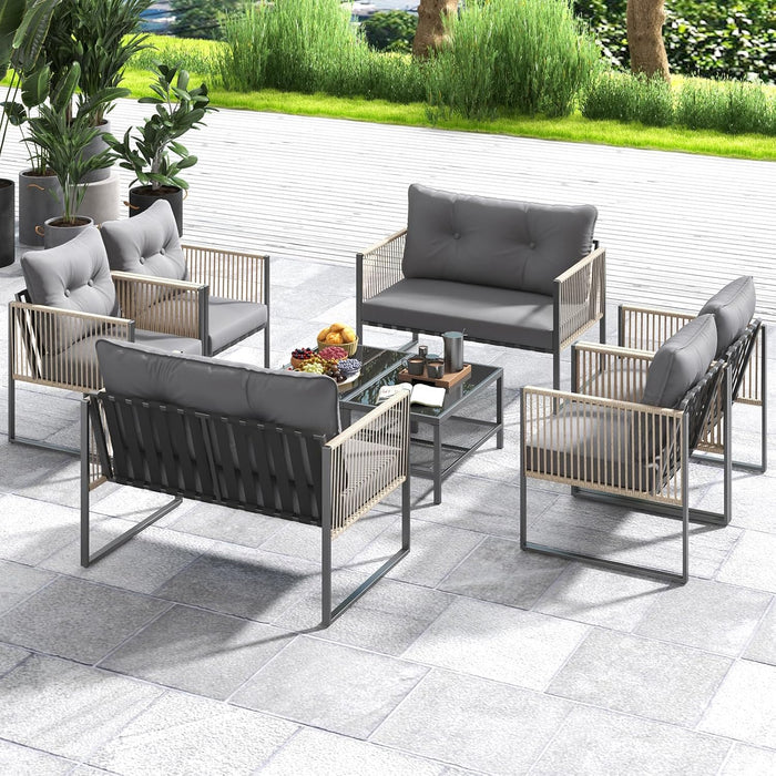 8 Pieces Patio Furniture Set, Outdoor PE Rattan Conversation Sofa Set with Thick Cushions and 2-Tier Tempered Glass Coffee Table for Garden, Porch, Balcony and Backyard