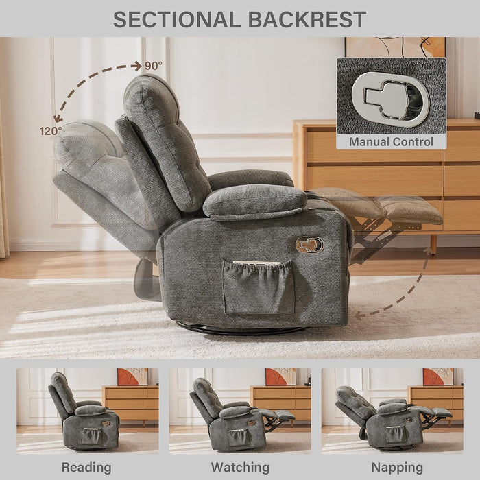 360°Swivel Rocker Recliner Chair with Cup Holders Grey, 1-Pack