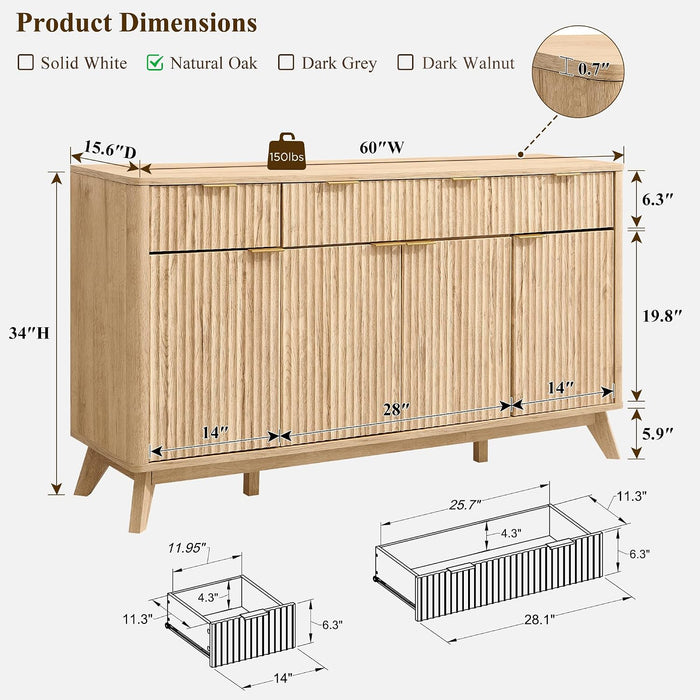 60 Inch Fluted Buffet Sideboard Cabinet, Natural Oak | Modern Coffee Bar Storage Cabinet with 3 Drawers, for Dining Room, Living Room, Hallway, Oak Wood Grain, Adjustable Shelves