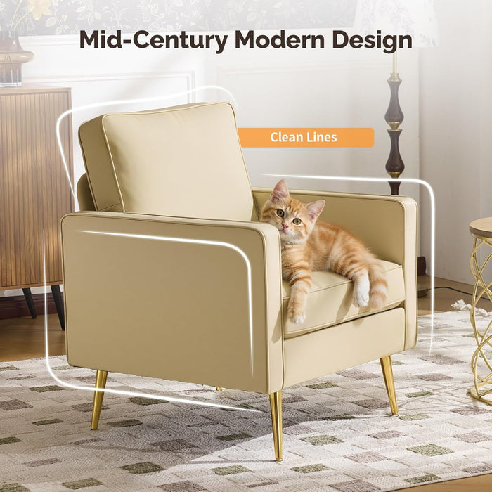 Modern PU Leather Accent Chairs Set of 2, Single Sofa Chair with Pocket Coil Seat, Metal Backrest & Solid Wood Frame, Upholstered Armchair for Living Room, Bedroom or Office