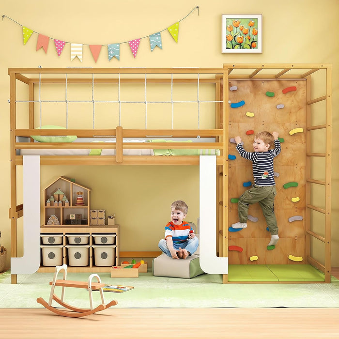 Twin Bunk Bed Jungle Gym Playhouse NaturalFinishWood