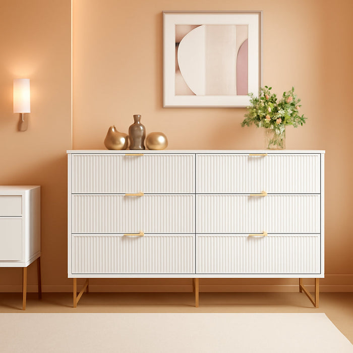 White Dresser 47InchWide FlutedDrawersWithGoldPulls
