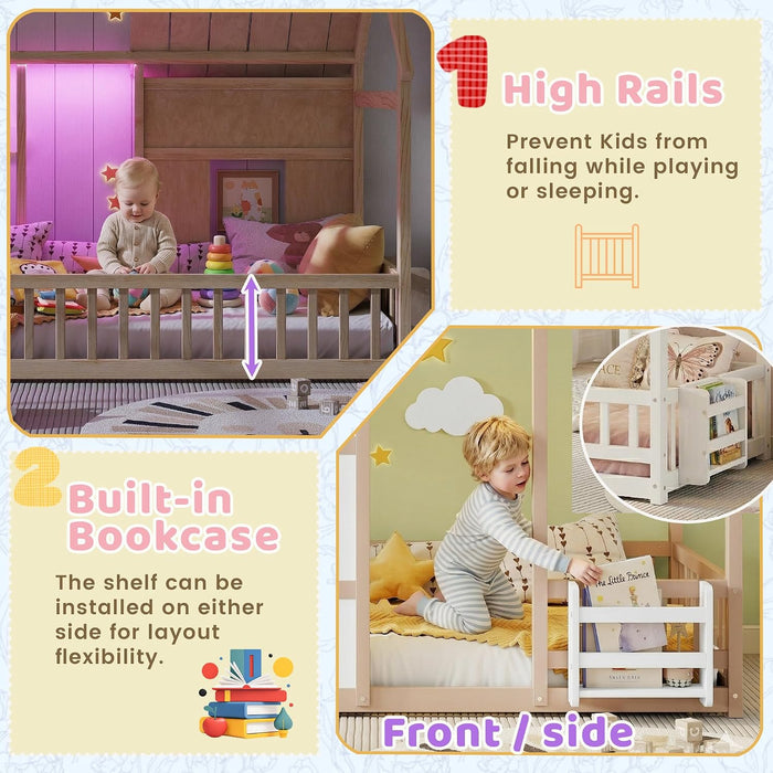 NaturalWood Montessori Twin House Bed Bookcase LED
