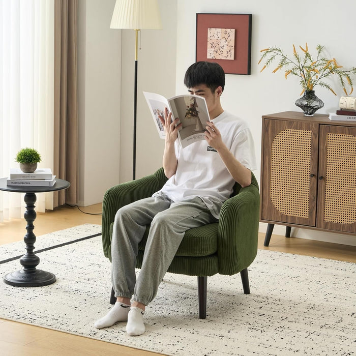 30.3" Wide Modern Barrel Accent Armchair with Track Armrest, Solid Wooden Legs, Comfy Upholstered Club Chair,Round Single Home Sofa for Living Room, Bedroom, Reading Room, Corduroy Green