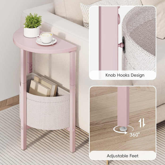 Small round Side Table, Accent End Table with Storage Basket, Set of 2 Half round Coffee Table End Table, Half Moon Bedside Table, Modern Nightstand Couch Table for Living Room Bedroom, Pink