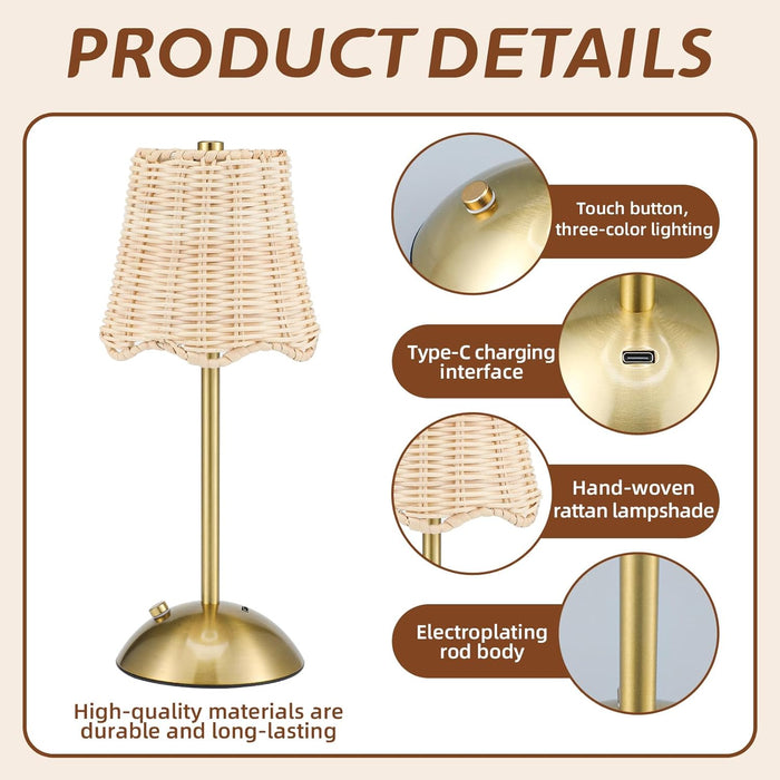 12 Inch Rattan Cordless Table Lamp, without Bow, Gold, 4 Pack