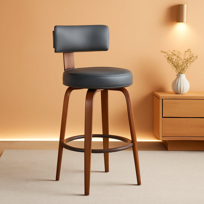 Swivel Bar Stools Set of 4, 26" Upholstered Faux Leather Counter Height Bar Stools with Back and Bentwood Legs, Mid Century Modern Bar Chairs Island Stools for Kitchen Counter, Dark Grey
