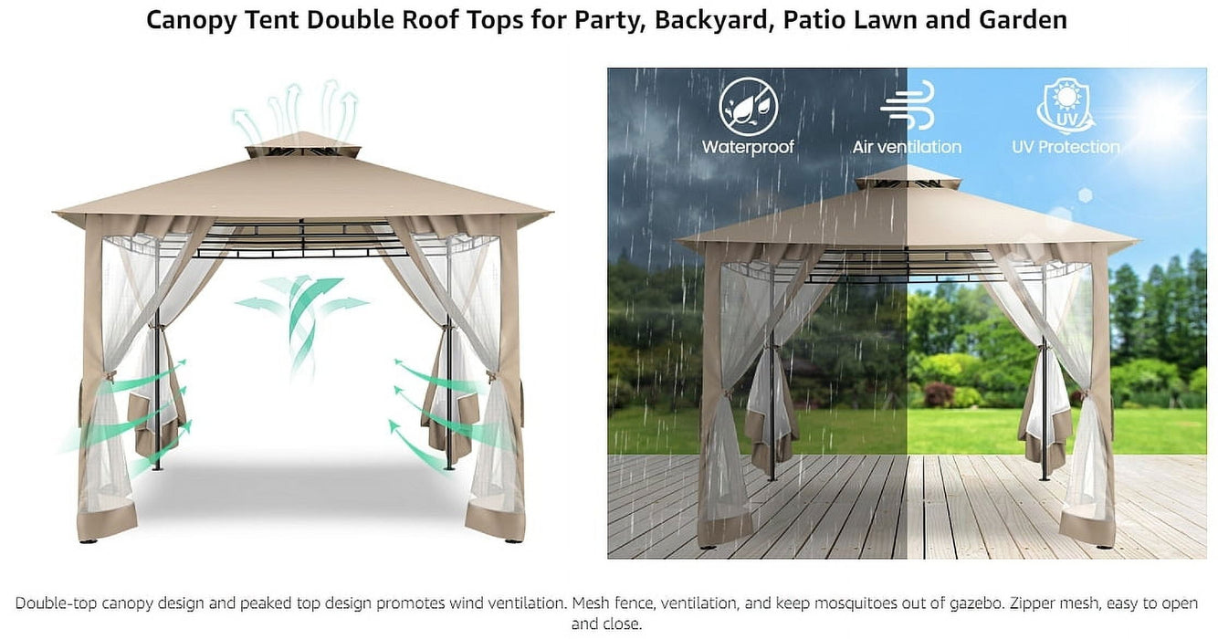 10'X10' Outdoor Gazebo Canopy, Canopy Tent with Mosquito Netting,Screened Gazebo with Corner Shelf Stable Steel Frame Double Roof Tops, Shade Tent for Party, Backyard, Patio Lawn, Garden,Khaki