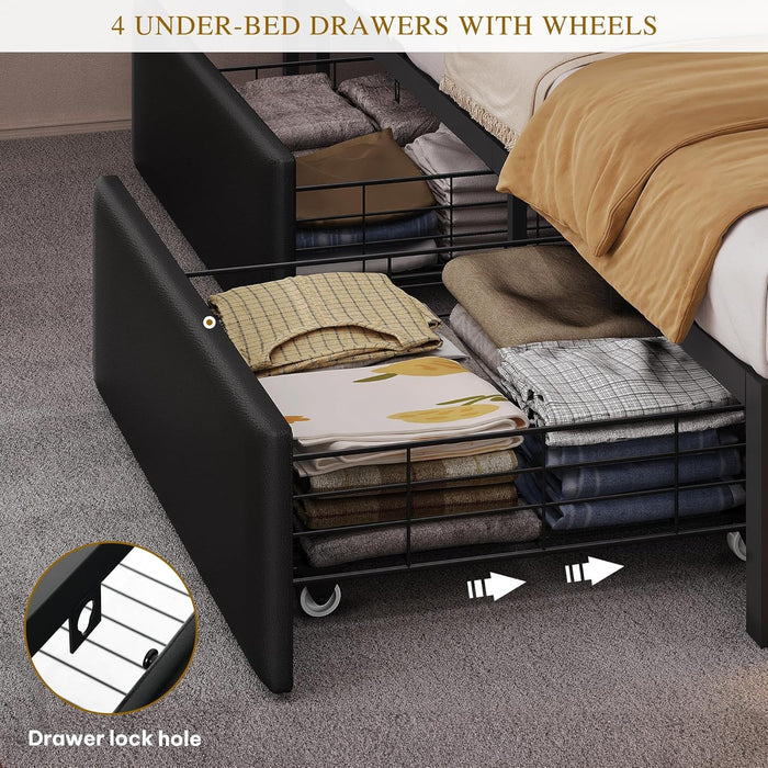 Queen Size Bed Frame with RGB LED Lights & Storage Bookcase Headboard, Upholstered Bed with Charging Station and 4 Drawers, No Box Spring Needed, Easy Assembly, Noise-Free, PU Leather Black