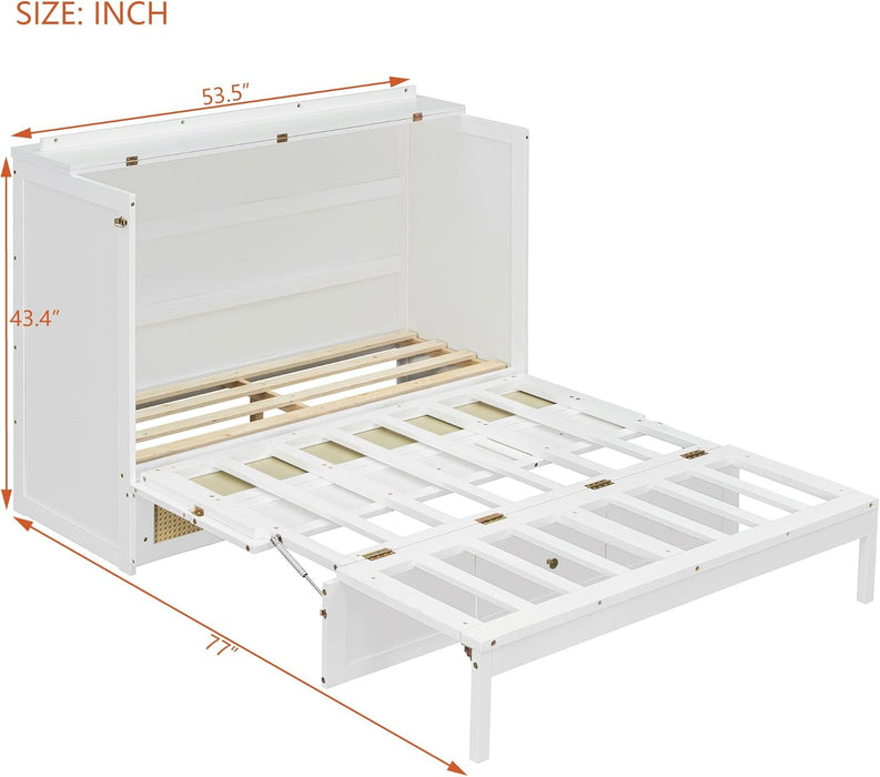 Full Murphy Bed with Storage Drawer, Cabinet Bed, Farmhouse Murphy Cabinet with Foldable Panel, Noisy Free, for Guest Bedroom, Living Room, White with Rattan