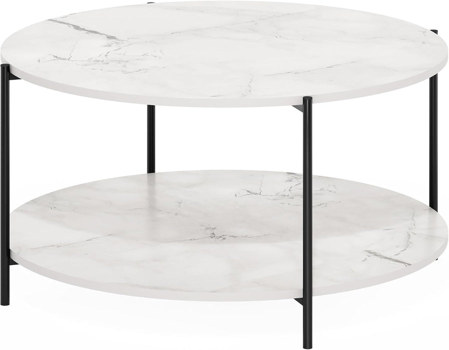 BESI Coffee Table, 2-Tier round Coffee Table with Storage, Shelf and Metal Legs, for Living Room, Light Marble