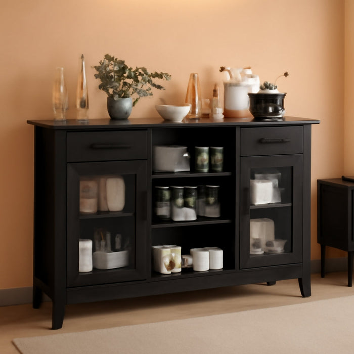 Sideboard Buffet Cabinet with 2 Drawers, Kitchen Storage Cabinet W/2 Doors, Open Compartments, Shelves, Faux Marble Top, Modern Furniture for Living Room, Coffee Bar, Entryway (Black)