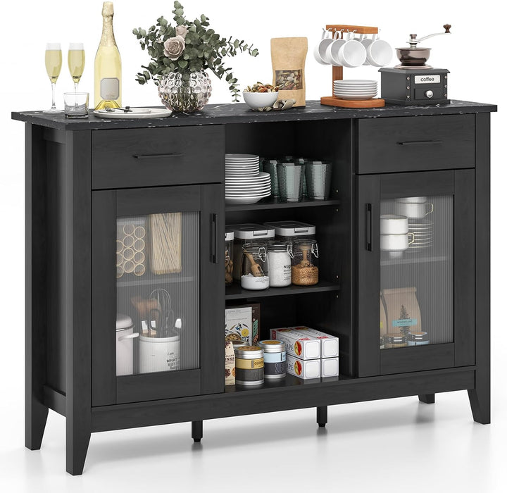 Sideboard Buffet Cabinet with 2 Drawers, Kitchen Storage Cabinet W/2 Doors, Open Compartments, Shelves, Faux Marble Top, Modern Furniture for Living Room, Coffee Bar, Entryway (Black)
