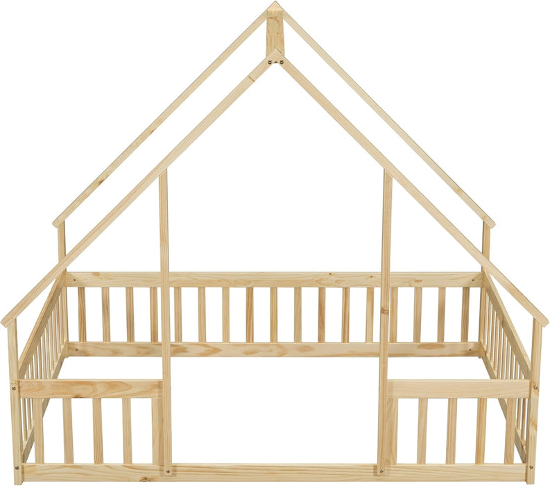 Full Size House-Shaped Natural Wooden Kids Floor Bed