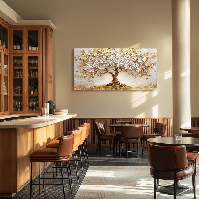 White Gold Tree of Life Wall Art, Blooming Flower Tree Extra Large Artwork, Abstract Landscape Canvas Art Prints, Modern Oversized Pictures Wall Decor Living Room Office Ready to Hang 29"X57"