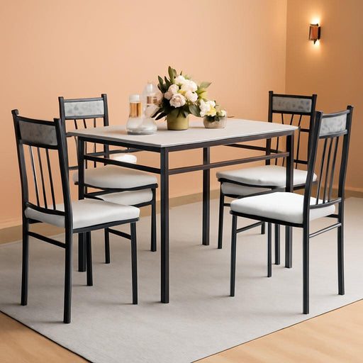 5 Piece Dining Table Set for 4, Faux Marble Kitchen Table and Chairs Set of 4, Vintage Rectangular Dining Room Table with Cushion Padded Seat, Metal and Wood Dining Set Kitchen Furniture, Grey