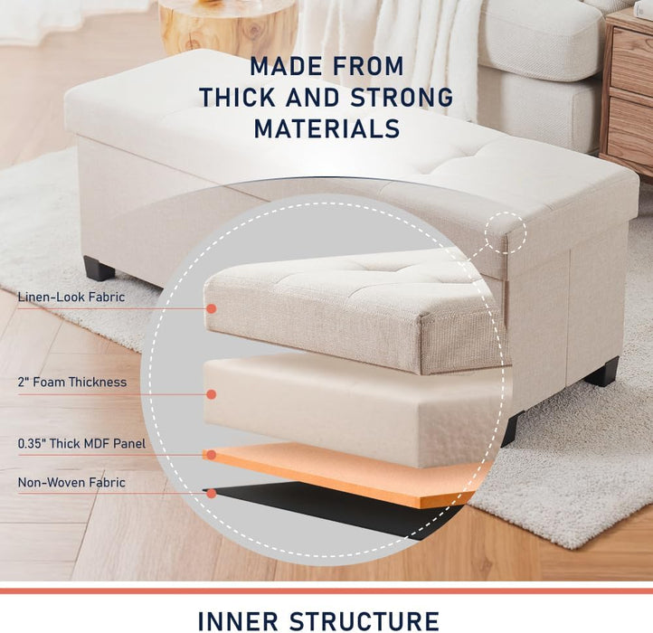 43 Inch Storage Ottoman, Large Storage Bench, Ottoman with Storage with Legs, Foot Rest Stool, Bedroom Bench - Beige